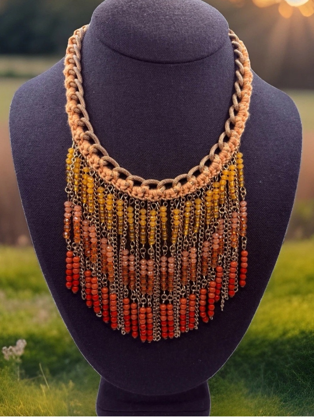Boho Fringe Macrame Beaded Goldtone Necklace Yellow Orange Red Statement 15-17”